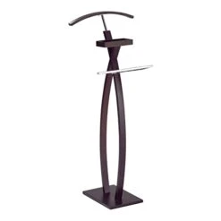Pilaster Designs Modern Walnut Wood & Chrome Metal Chert Suit Rack Clothes Valet Stand