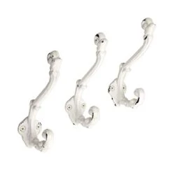 The Metal Magician Wall Mounted Antique Cast Iron Vintage Style Wall Hooks For Coats, Bags, Towels, Hats - (Set Of 3) Distressed White