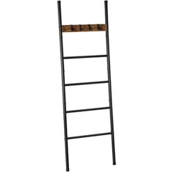 HOOBRO Blanket Ladder, Wall-Leaning Towel Rack, 5-Tier Ladder Shelf, Decorative Ladder With 4 Removable Hooks, For Bathroom, Metal Frame, Rustic Brown BF61CJ01