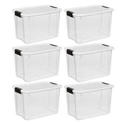 Sterilite 19859806, 30 Quart/28 Liter Ultra Latch Box, Clear With A White Lid And Black Latches, 6-Pack