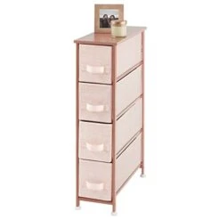 MDesign Narrow Dresser Storage Tower Stand With 4 Removable Fabric Drawers - Steel Frame, Wood Top Organizer For Bedroom, Entryway, Closet - Lido Collection - Light Pink/Rose Gold