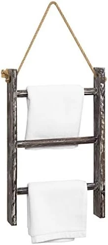 MyGift Rustic Whitewashed Solid Wood Wall Hanging Hand Towel Ladder Drying Rack, 3 Tier Bathroom Washcloth Hand Towel Storage Rack With Hanger Rope 8 MyGift Rustic Whitewashed Solid Wood Wall Hanging Hand Towel Ladder Drying Rack, 3 Tier Bathroom Washcloth Hand Towel Storage Rack With Hanger Rope - Image 8