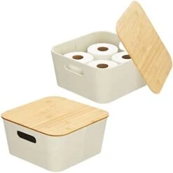 MDesign Modern Fabric Covered Basket With Lid - Stacking Decorative Storage Bin Box With Bamboo Cover For Closet, Living Room, Kitchen, Office Shelf - Holders For Clothing/Accessories, 2 Pack, Cream -GENERIC Shop 31CrCo igLL. AC