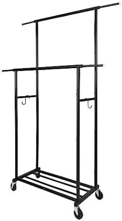 Fishat Simple Standard Freestanding Double Rod Clothing Metal Garment Rack For Hanging Clothes, Rolling Clothes Organizer On Lockable Wheels Mobile, With 2 Hooks (Black) -GENERIC Shop 31IQ6NCJ85L. AC