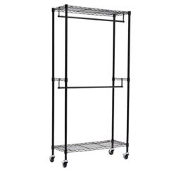 Amazon Basics Adjustable, Double Hanging Rod Garment Rolling Closet Organizer Rack, Black, 36'' X 14'' X 72''
