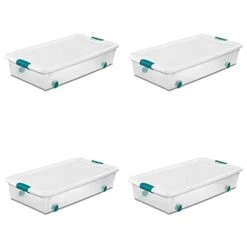 Sterilite 56 Qt./53 L Wheeled Latching Box Clears, Quart, White, 4 Piece