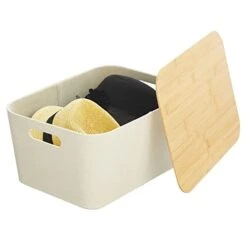 MDesign Modern Fabric Covered Basket With Lid - Stacking Decorative Storage Bin Box With Bamboo Cover For Closet, Living Room, Kitchen, Office Shelf - Holders For Clothing/Accessories, 2 Pack, Cream -GENERIC Shop 31MahuUjwoL