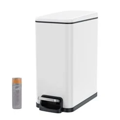 BETHEBEST Bathroom Trash Can With Lid,Foot Pedal Garbage Can With Removable Liner Bucket, 2.6 Gallon Rectangular Step Trash Bin For Bathroom,Bedroom,Office (White)