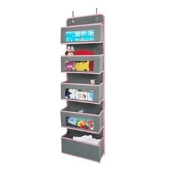 Vercord Door Hanging Organizer Storage Wall Mount Organization Foldable Hanging Shelves Kids Toy 5 Pocket 4 Clear Window With Metal Hook Grey