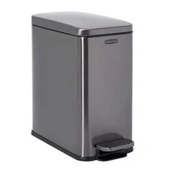 Rubbermaid Stainless Steel Slim Step-On Trash Can, 2.6-Gallon, Charcoal, Wastebasket With Lid For Home/Bathroom/Kitchen