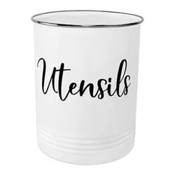 Home Acre Designs Kitchen Utensil Holder Utensil Crocks Countertop Organizer Vintage Farmhouse Kitchen Decor Caddy For Utensils, Utensil Holder Stainless Steel Rim White