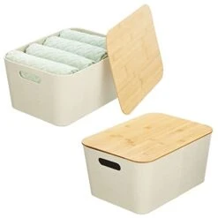 MDesign Modern Fabric Covered Basket With Lid - Stacking Decorative Storage Bin Box With Bamboo Cover For Closet, Living Room, Kitchen, Office Shelf - Holders For Clothing/Accessories, 2 Pack, Cream