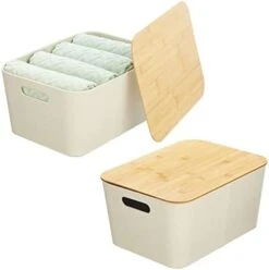 MDesign Modern Fabric Covered Basket With Lid - Stacking Decorative Storage Bin Box With Bamboo Cover For Closet, Living Room, Kitchen, Office Shelf - Holders For Clothing/Accessories, 2 Pack, Cream -GENERIC Shop 31gOVO1ZOxL. AC