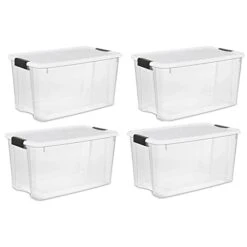 Sterilite 70 Qt Clear Plastic Stackable Storage Bin W/White Latching Lid Organizing Solution, 4 Pack