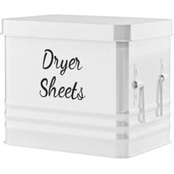 Farmhouse Metal Dryer Sheet Holder For Laundry Room With Hinged Lid - Large Metal Fabric Softener Dispenser - Dryer Sheet Container With Tray.(Glossy White)