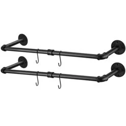 C&AHOME Industrial Pipe Clothes Rack, 2 Pack Clothing Rack Wall Mount 36’'L With 4 S-Shaped Hooks, MultiPurpose Detachable Hanging Bracket Rod, Space-Saving Heavy Duty Garment Rack Bar Black UPCRM02B