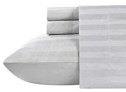 Cotton Sheets Set Light Grey Stripe Long-staple Cotton 400 Thread Count Bedsheets,(48"X75") 3/4 Full Bunk Sheet Set, Fits Mattress 16'' Deep Pocket Soft & Sateen Weave 4 PCs Sheets And Pillowcases