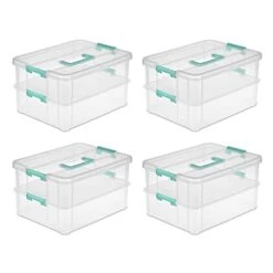 Sterilite Convenient Small Home 2-Tiered Layer Stack Carry Storage Box With Colored Accent Secure Latching Lid, Clear (4 Pack)
