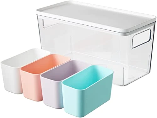 Rosanna Pansino X IDesign Recycled Plastic Kitchen Storage Bins, Includes 1 Large Bin With Lid And 4 Small Bins, Multicolored Bins/Marshmallow Lid, 6” X 12” X 6” 1 Rosanna Pansino X IDesign Recycled Plastic Kitchen Storage Bins, Includes 1 Large Bin With Lid And 4 Small Bins, Multicolored Bins/Marshmallow Lid, 6” X 12” X 6”