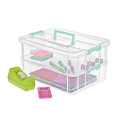 Sterilite Convenient Small Home 2-Tiered Layer Stack Carry Storage Box With Colored Accent Secure Latching Lid, Clear (4 Pack) -GENERIC Shop 31umCH079IL