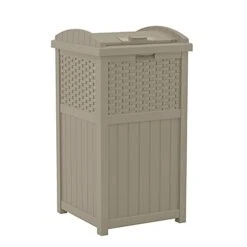 Suncast 33 Gallon Hideaway Trash Can For Patio - Resin Outdoor Trash With Lid - Use In Backyard, Deck, Or Patio - Dark Taupe