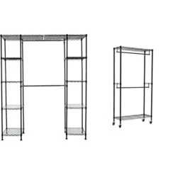 Amazon Basics Double Hanging Rod Garment Rolling Closet Organizer Rack, Black & Expandable Metal Hanging Storage Organizer Rack Wardrobe With Shelves, 14"-63" X 58"-72", Black