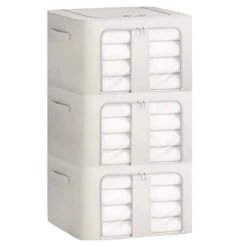 Elegeet 3Pack 66L Storage Bins With Metal Frame - Foldable Linen Fabric Storage Box With Handles And Transparent Window Closet Organizers And Storage(Grey