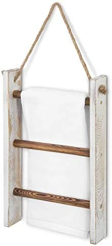 MyGift Rustic Whitewashed Solid Wood Wall Hanging Hand Towel Ladder Drying Rack, 3 Tier Bathroom Washcloth Hand Towel Storage Rack With Hanger Rope 7 MyGift Rustic Whitewashed Solid Wood Wall Hanging Hand Towel Ladder Drying Rack, 3 Tier Bathroom Washcloth Hand Towel Storage Rack With Hanger Rope - Image 7