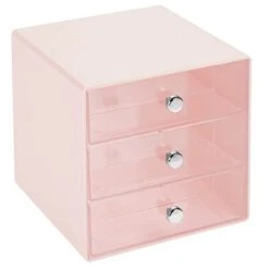 MDesign Stackable Plastic Eye Glass Storage Organizer Box Holder For Sunglasses, Reading Glasses, Lens Cleaning Cloths, And Accessories - 3 Divided Drawers, Chrome Pulls - Light Pink/Clear -GENERIC Shop 31z4l7kyqJL