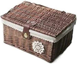 WALTX Rattan Storage Basket Desktop Sundries Cosmetic Storage Box Hand-Woven Home Basket With Lid (Color : Coffee Rose Cloth, Size : 37x27x17 Cm) 29 WALTX Rattan Storage Basket Desktop Sundries Cosmetic Storage Box Hand-Woven Home Basket With Lid (Color : Coffee Rose Cloth, Size : 37x27x17 Cm) -GENERIC Shop 41 o BFHRFL. AC 1