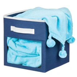 MDesign Fabric Nursery/Playroom Closet Storage Organizer Bin Box With Front Handle/Window For Cube Furniture Shelving Units, Hold Toys, Clothes, Diapers, Bibs, Jane Collection, 6 Pack, Navy Blue/White -GENERIC Shop 410aaZLtDEL