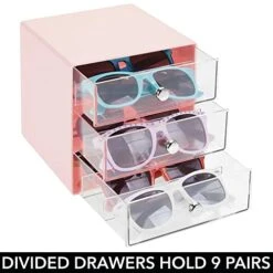 MDesign Stackable Plastic Eye Glass Storage Organizer Box Holder For Sunglasses, Reading Glasses, Lens Cleaning Cloths, And Accessories - 3 Divided Drawers, Chrome Pulls - Light Pink/Clear