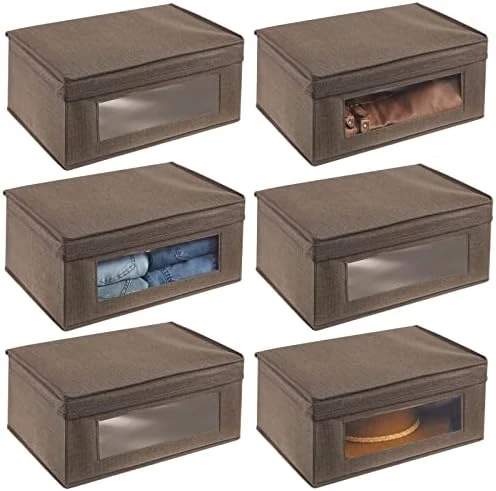 MDesign Fabric Stackable Slim Shelf Storage Organizer Box With Window/Attached Lid For Organizing Bedroom Closet - Holds Purses, Linens, Accessories - Lido Collection - 6 Pack, Cream/Espresso Brown 6 MDesign Fabric Stackable Slim Shelf Storage Organizer Box With Window/Attached Lid For Organizing Bedroom Closet - Holds Purses, Linens, Accessories - Lido Collection - 6 Pack, Cream/Espresso Brown - Image 6