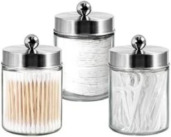 3 Pack Apothecary Jar Canisters Bathroom Vanity Organizer - Qtip Holder Storage Organizer Set Countertop Canister With Stainless Steel Lids &Cute Stickers For Qtips,Cotton Swabs,Makeup Sponges,Floss (Black) -GENERIC Shop 411XyyDpEKL. AC