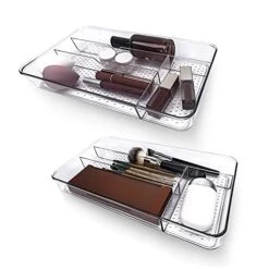 TECHMERI Clear Makeup Organizer Tray, Clear Plastic Drawer Organizer Tray, Makeup And Vanity Stackable Drawer Organizers 4-Section For Perfume, Brush, Skincare