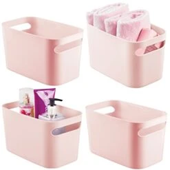 MDesign Deep Plastic Bathroom Bin With Handles, Storage Organizer For Vanity Countertop, Hold Soap, Body Wash, Shampoo, Lotion, Conditioner, Hand Towels - 10" Long, Aura Collection, 4 Pack, Light Pink