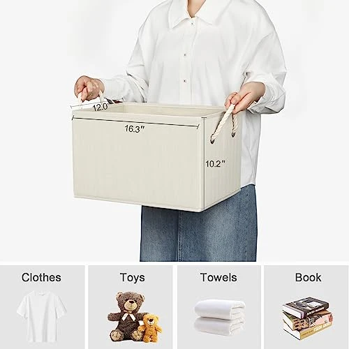 TOPIA HOME Closet Organizers And Storage Bins For Shelves, EXTRA LARGE, 3-Pack Foldable Storage Baskets For Organizing With Rope Handles, Collapsible Fabric Cube Organization Boxes, Beige, TP03Y 3 TOPIA HOME Closet Organizers And Storage Bins For Shelves, EXTRA LARGE, 3-Pack Foldable Storage Baskets For Organizing With Rope Handles, Collapsible Fabric Cube Organization Boxes, Beige, TP03Y - Image 3