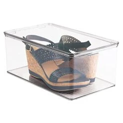 MDesign Stackable Plastic Closet Storage Container Bin Box With Hinge Lid For Organizing Shoes, Booties, Pumps, Sandals, Wedges, Flats, Heels - Lumiere Collection - Clear