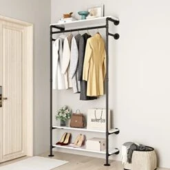Smlttel Industrial Pipe Clothing Racks With White Shelves, Wall Mounted Clothes Rack For Hanging Rods,Heavy Duty Black Clothing Racks With Three Shelves Retail Display Garment Rack For Home