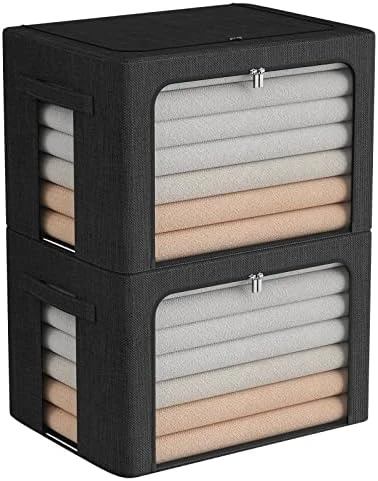 2 Pack Clothes Storage Bins - Stackable Metal Frame Storage Box Foldable Linen Fabric Box Organizer With Carrying Handles And Clear Window (Beige, 15.7X 11.8X 11.7 Inch) 8 2 Pack Clothes Storage Bins - Stackable Metal Frame Storage Box Foldable Linen Fabric Box Organizer With Carrying Handles And Clear Window (Beige, 15.7X 11.8X 11.7 Inch) - Image 8