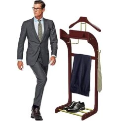 EADIHEGE Clothes Valet Stand, Men And Women Floor Standing Clothes Valet, Suit Hanger Rack Solid Frame Crease-Free Suit Coat Stand Storage Wooden For Hallway Dressing Room