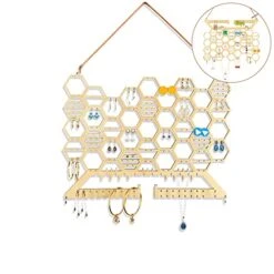 YoohNuse Hanging Earring Organizer Wall Earing Holder Jewelry Organizer Wall Mount Stud Earring Necklace Hanger Rack Rustic Honeycomb Jewelry Display For Girls (Burlywood)