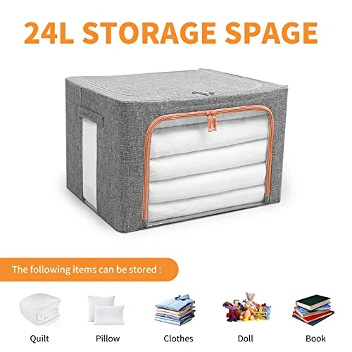 FLAHOLD 2 Pack Clothes Storage Bags, Foldable Linen Cloth Steel Frame Storage Box With Clear Window & Reinforced Handles For Bedding, Blankets, Pillows, Toys, Books(Grey, 24L, 2PCS) 4 FLAHOLD 2 Pack Clothes Storage Bags, Foldable Linen Cloth Steel Frame Storage Box With Clear Window & Reinforced Handles For Bedding, Blankets, Pillows, Toys, Books(Grey, 24L, 2PCS) - Image 4