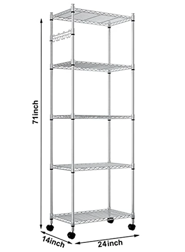 Devo 5-Tier Shelf Shelves For Storage, Wire Shelving Storage Racks, Heavy Duty Shelving, Adjustable Metal Shelf For Garage, Pantry, Kitchen, Side Hooks, Silver(14" D X 24" W X 71" H) 2 Devo 5-Tier Shelf Shelves For Storage, Wire Shelving Storage Racks, Heavy Duty Shelving, Adjustable Metal Shelf For Garage, Pantry, Kitchen, Side Hooks, Silver(14" D X 24" W X 71" H) - Image 2