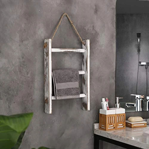 MyGift Rustic Whitewashed Solid Wood Wall Hanging Hand Towel Ladder Drying Rack, 3 Tier Bathroom Washcloth Hand Towel Storage Rack With Hanger Rope 2 MyGift Rustic Whitewashed Solid Wood Wall Hanging Hand Towel Ladder Drying Rack, 3 Tier Bathroom Washcloth Hand Towel Storage Rack With Hanger Rope - Image 2