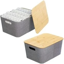 MDesign Modern Fabric Covered Basket With Lid - Stacking Decorative Storage Bin Box With Bamboo Cover For Closet, Living Room, Kitchen, Office Shelf - Holders For Clothing/Accessories, 2 Pack, Cream -GENERIC Shop 4176fnMtTaL. AC