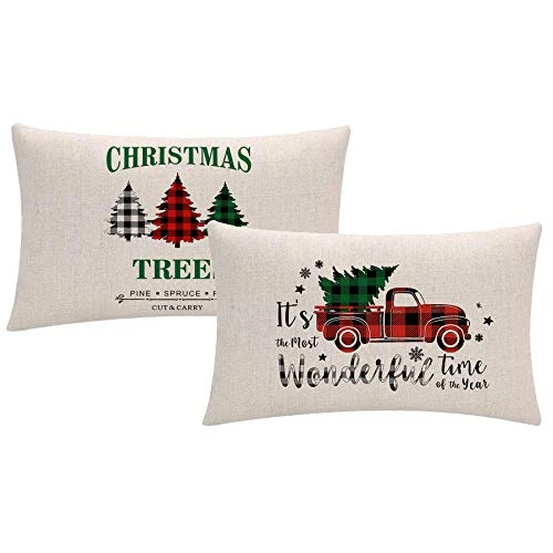 Buffalo Check Plaids Christmas Throw Pillow Covers 12x 20 Inches Red Black Green Xmas Trees/Wonderful Time Truck Farmhouse Winter Holiday Decorative Rectangular/Waist Cushion Pillowcases Set Of 2 1 Buffalo Check Plaids Christmas Throw Pillow Covers 12x 20 Inches Red Black Green Xmas Trees/Wonderful Time Truck Farmhouse Winter Holiday Decorative Rectangular/Waist Cushion Pillowcases Set Of 2