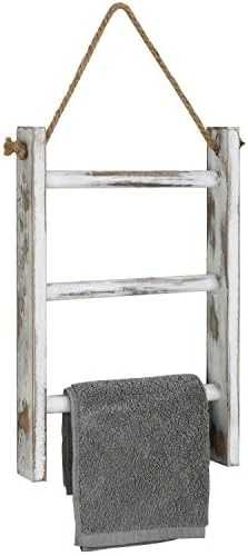 MyGift Rustic Whitewashed Solid Wood Wall Hanging Hand Towel Ladder Drying Rack, 3 Tier Bathroom Washcloth Hand Towel Storage Rack With Hanger Rope 9 MyGift Rustic Whitewashed Solid Wood Wall Hanging Hand Towel Ladder Drying Rack, 3 Tier Bathroom Washcloth Hand Towel Storage Rack With Hanger Rope - Image 9