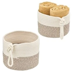 MDesign Casual Round Woven Cotton Rope Bathroom Basket With Tie Handles - Storage Organizer Set For Countertop, Floor, Closet Or Vanity, Holds Toilet Paper, Towels, Or Magazines, Set Of 2, White/Brown