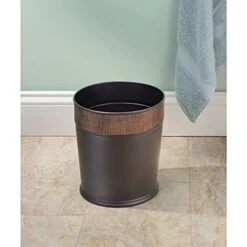 MDesign Decorative Round Small Trash Can Wastebasket, Garbage Container Bin For Bathrooms, Powder Rooms, Kitchens, Home Offices - Steel In Bronze Finish With Woven Textured Accent